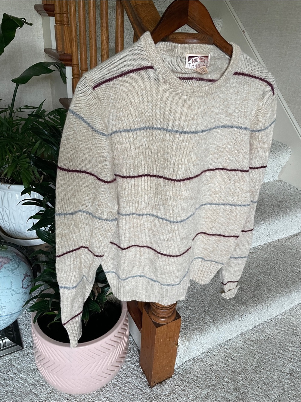 Midwest Traders Vintage Wool Blend Cream Striped Crewneck Sweater